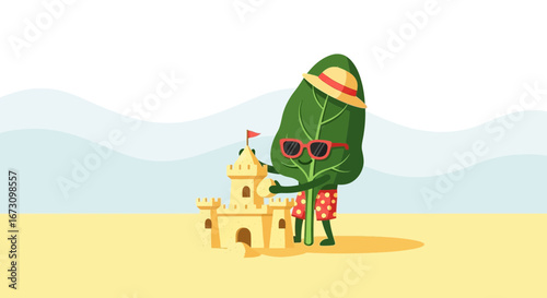 Leafy Pal Builds A Sandcastle On A Sunny Beach With Stylish Sunglasses And Beachwear