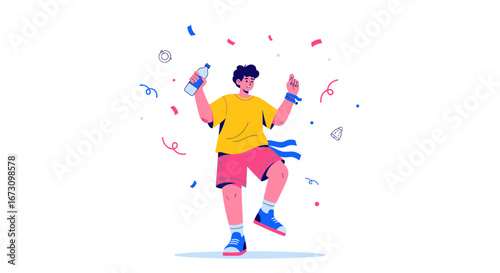 Joyful Person Celebrates Triumph with Festivity, Holding Hydration, and Enthusiasm