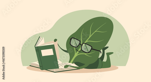 Leafy Pal Reads With Enthusiasm, Bookworm Illustration, Intellectual Plant Character