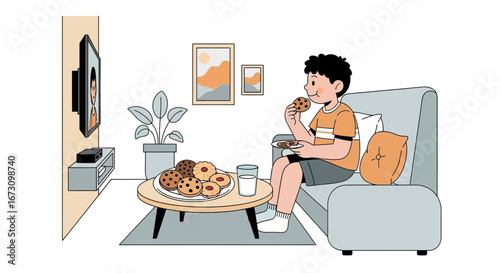 Leisurely Afternoon: Young Person Enjoys Cookies and TV Show in Cozy Home