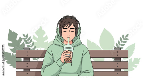 Leisurely Enjoyment Person Sipping Bubble Tea While Listening To Music Serenity in Nature