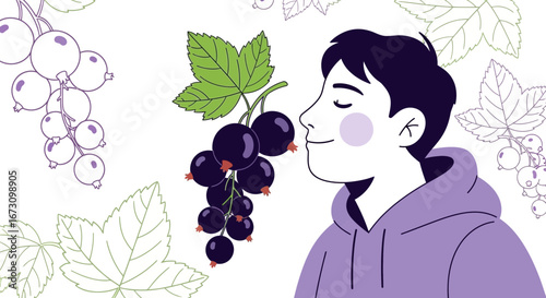 Joyful Person Smelling Black Currants with Floral Accents and Delightful Expressions