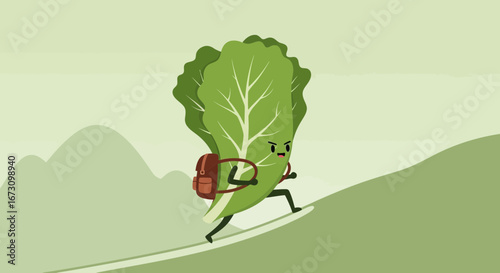 Lettuce Adventurer Hiking Uphill With Backpack Depicting Healthy Wellbeing Concept