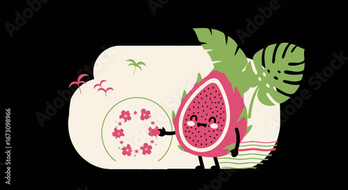 Joyful Pitaya Illustration With Tropical Leaves, Flowers, And Friendly Expression