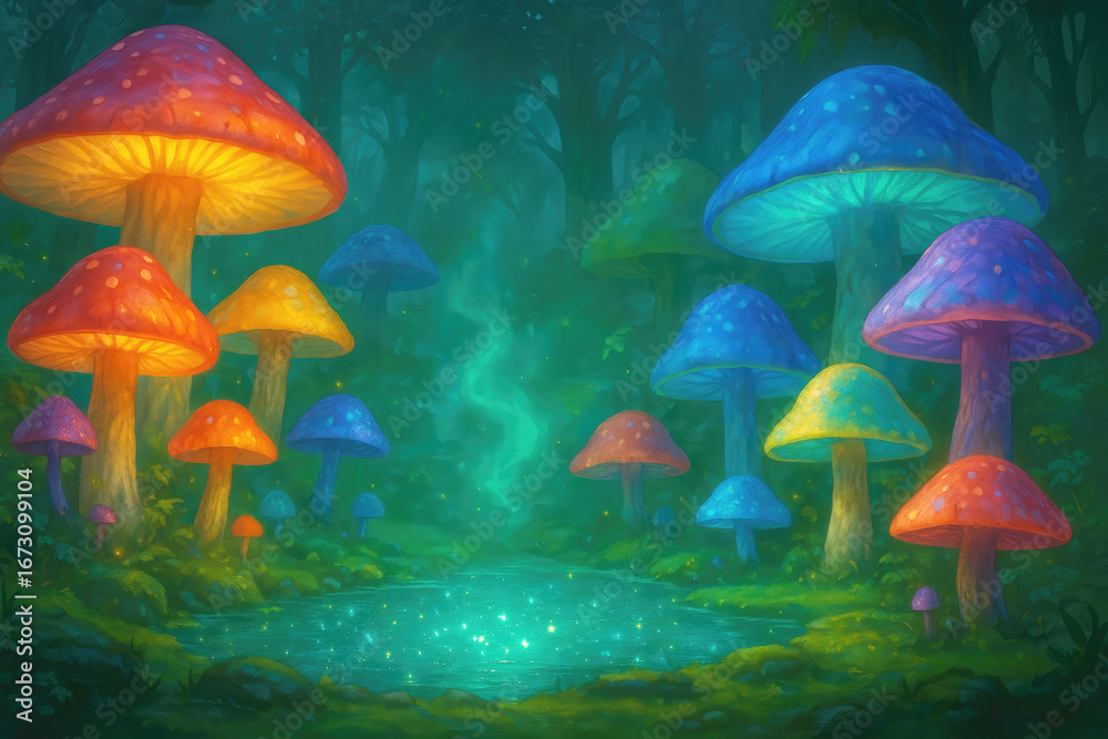 Fototapeta premium Enchanted forest clearing with glowing bioluminescent mushrooms and a shimmering pool glowing mushrooms