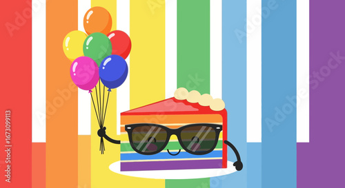 Joyful Rainbow Cake Character Celebrating Pride With Balloons And Sunglasses