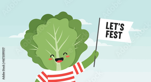 Lettuce Character Holding a Flag Announcing a Fest, Cartoon Illustration in Daytime