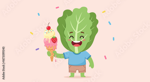 Lettuce Character Happily Holding Ice Cream, Colorful Illustration of Summer Celebration
