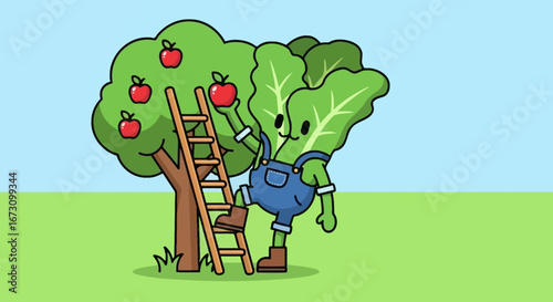 Lettuce Character Harvesting Apples from a Tree During a Sunny Afternoon