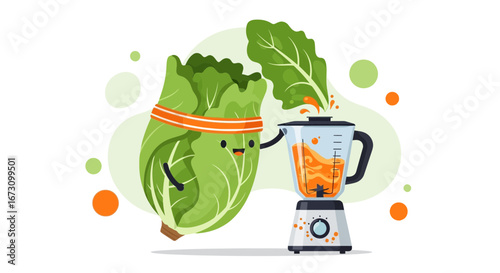 Lettuce Character Preparing A Fresh Smoothie In A Blender, Healthy Eating Lifestyle
