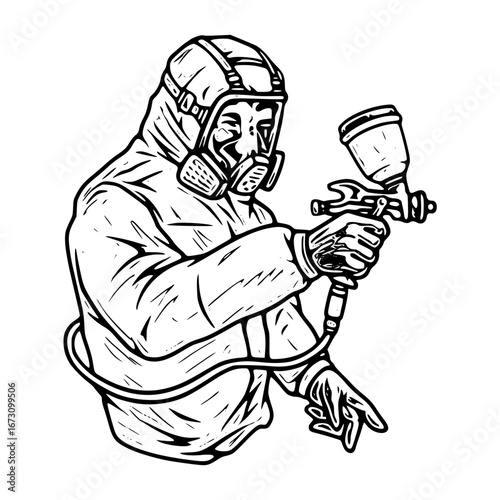 Painter in protective suit with spray gun