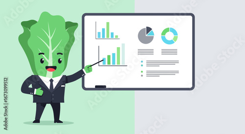 Lettuce Character Presenting Business Data And Financial Charts With Pointer, Analysis