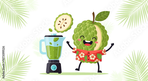 Joyful Soursop Character with Blender and Palm Leaves is Ready to Serve Juice