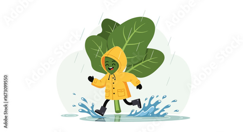 Joyful Spinach Character Splashing Through Rain Puddles in Weatherproof Jacket