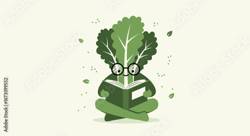 Lettuce Character Reading A Book With Glasses Symbolizing Knowledge and Learning