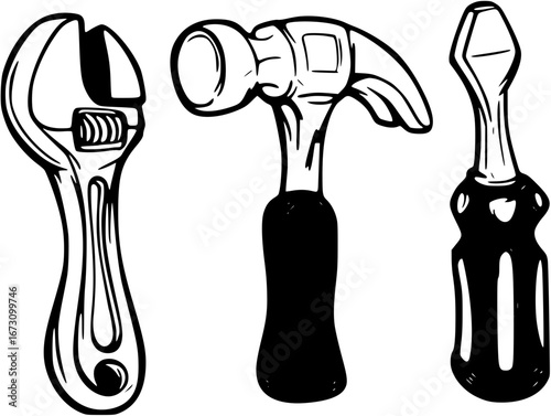 Wrench, hammer, and screwdriver isolated on white