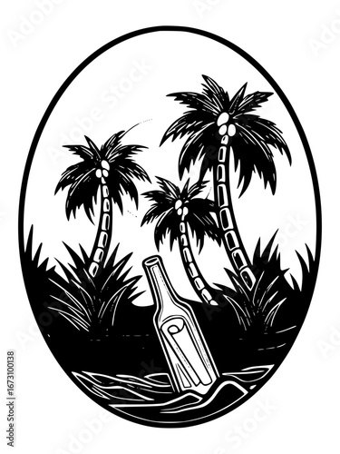 Message in a bottle with palm trees