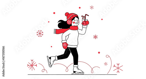 Joyful Winter Ice Skating Illustration with Refreshment and Delightful Snowflakes