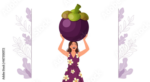 Joyful Woman Balancing Large Mangosteen Fruit on Her Head Against Minimalist Background.