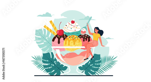 Joyful Woman Enjoying Delicious Dessert, Colorful Ice Cream Paradise Illustration