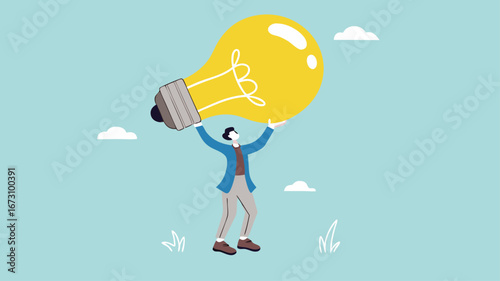 businessman bring big light bulb idea for new product idea or business opportunity, finding new idea, creativity or innovation to create new product, solution to solve problem or fix mistake concept
