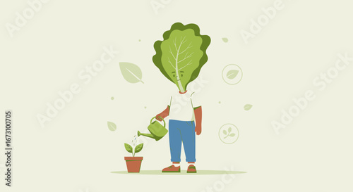 Lettuce-Headed Figure Nurturing a Budding Plant with a Watering Can Symbolism
