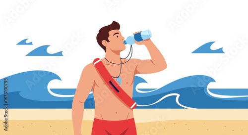 Lifeguard Refreshing With Water Near Ocean Waves for Safety and Wellbeing Illustration