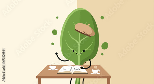 Literary Leaf Enjoying Coffee Reading Book While Wearing a Beret With Joyful Expression