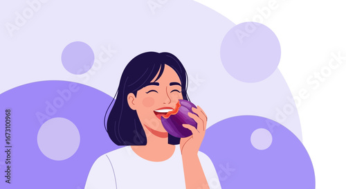 Joyful Woman Savoring Delicious Food, Purple Hue, Abstract Background with Rounded Shapes