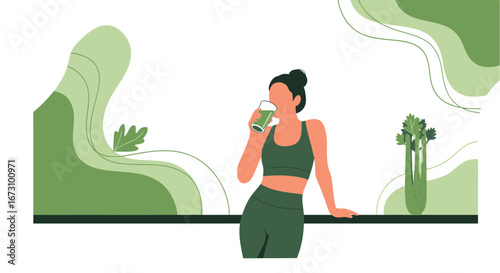Joyful Woman Savoring Healthy Green Beverage While Embracing Fitness and Vitality.