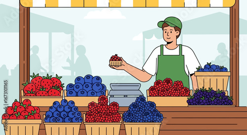 Local Farmer Proudly Showcasing Freshly Harvested Berries and Fruits at a Vibrant Outdoor Market