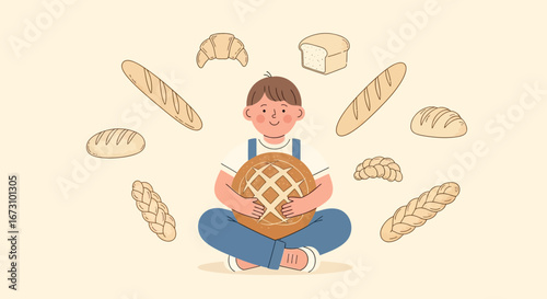 Joyful Young Person Displaying Many Different Types Of Delicious Baked Bread