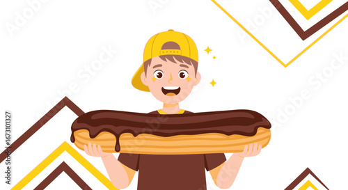 Joyful Young Person Holding Delightful, Decorated Eclair With Chocolate Glaze