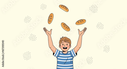 Joyful Young Person Juggling Delicious Bread Loaves in a Playful, Animated Style