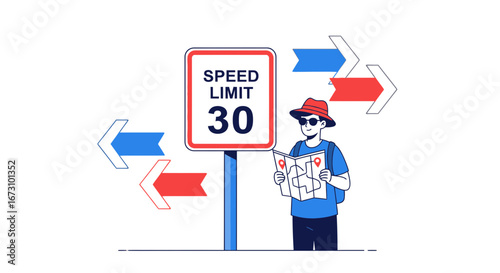 Lost Tourist Near Roadside Speed Limit Sign With Confusing Direction Arrows