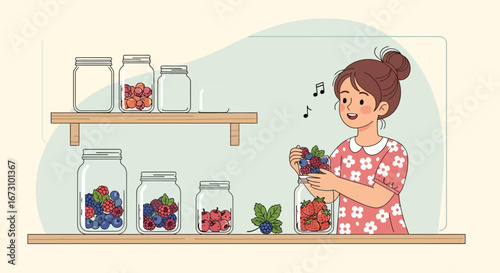 Joyful Young Woman Collecting Berries In Jars For Homemade Preserves Illustration