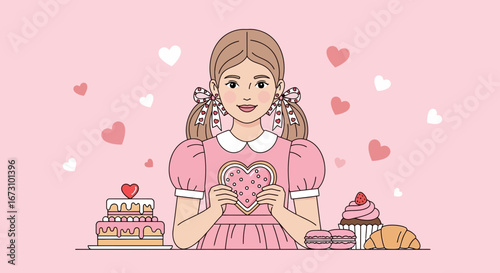 Lovely Girl Holding a Heart Cookie with Desserts, Pink Background for Special Occasions
