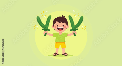 Joyful Youngster Sporting Cucumber Swords in a Playful and Animated Illustrated Design
