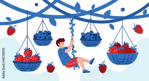 Joyful Youngster Swinging For Fresh Berries Harvest In A Lush Fruit Garden