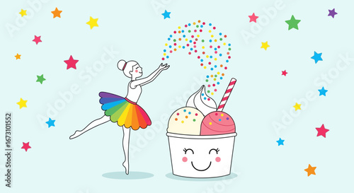 Magical Ballerina Creates Joyful Confetti Shower Over Smiling Ice Cream Sundae