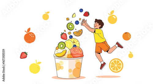 Joyful Youth Celebrates Bursting Fruit Symphony Within Delicious Ice Cream Creation