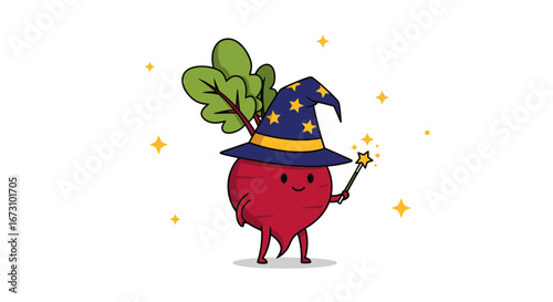 Magical Radish Wizard with Starry Wand and Enchanted Hat in Whimsical Illustration