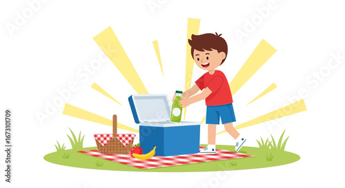 Joyful Youth Prepares Refreshments For A Sunny Day Picnic Outdoors On A Checkerboard Blanket
