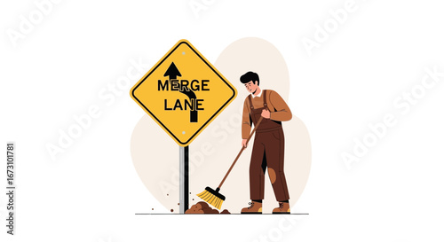 Maintenance Worker Tending to Merge Lane Sign Illustrating Road Safety Concepts