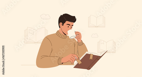 Man Absorbed In Reading And Enjoying A Drink While Immersed In A Literary World