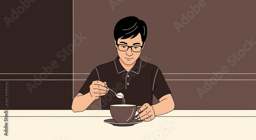 Man Adding Sugar To Coffee Drawn Illustratively And Simplistically On Neutral Brown Background