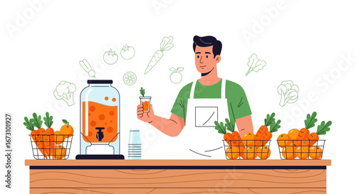 Juice Bar Tender Presenting Freshly Made Orange Juice In A Healthy And Vibrant Setting