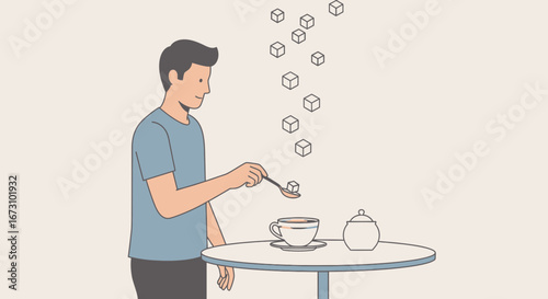 Man Adding Sugar Cubes To Cup Of Coffee In A Café, Enjoying A Pleasant Afternoon