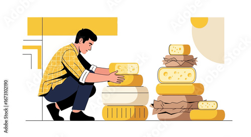 Man Arranging Diverse Cheese Stacks, Culinary Production, And Food Display