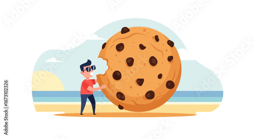Man Biting Gigantic Cookie on the Beach: Delicious Treats and Summer Fun Illustration